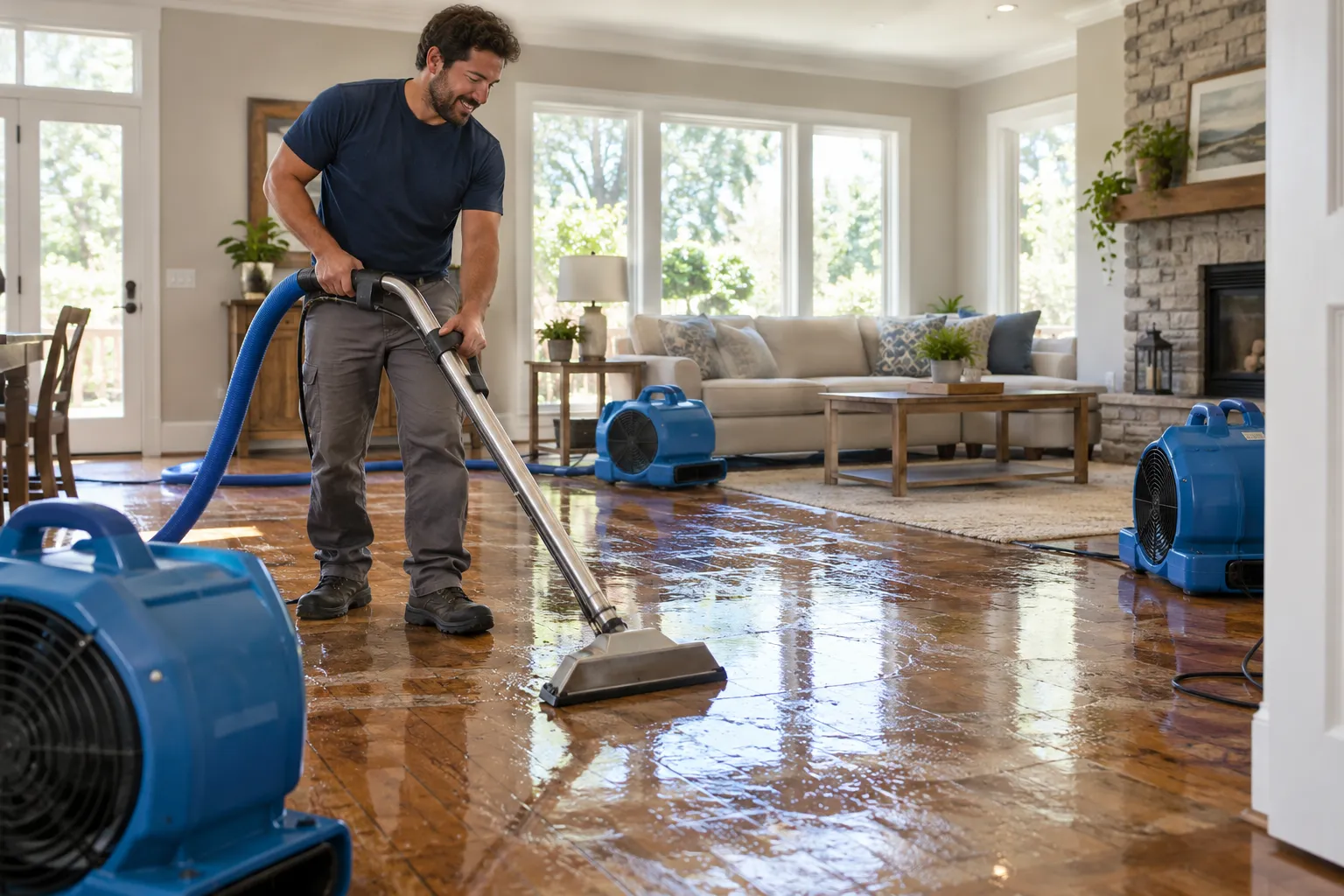 Water extraction equipment drying a living room floor in a Salt Lake City home